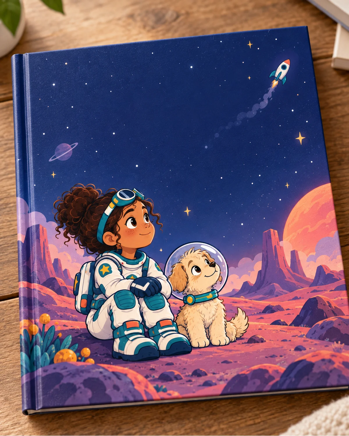A printed hardcover picture book starring the child's own character